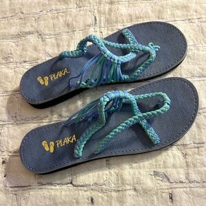 PLAKA OCEAN BEACH BOHO WOVEN STRAPS FLAT FLIP FLOPS BLUE/GREEN THONG TOE SIZE 9